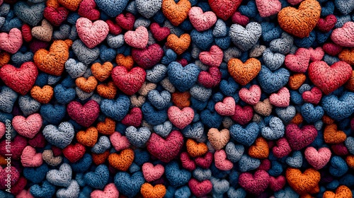 A multitude of colorful yarn hearts creates a lovely background photo