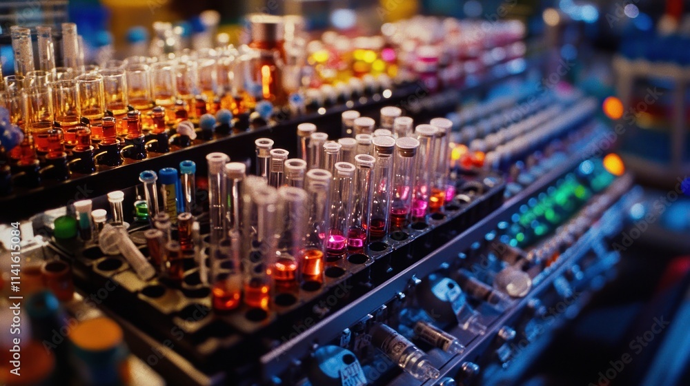 Test tubes filled with colorful liquids on shelves. Test tubes filled with colorful liquids on shelves.
