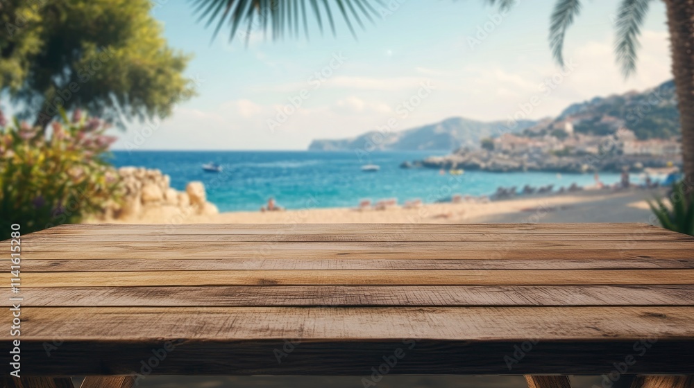 Empty summer holidays background. Horizontal travel banner for advertising product. Wooden table top in front, blurred paradise vacation. Panoramic empty counter in focus. beach and sea on background. Empty summer holidays background. Horizontal travel banner for advertising product. Wooden table top in front, blurred paradise vacation. Panoramic empty counter in focus. beach and sea on background.