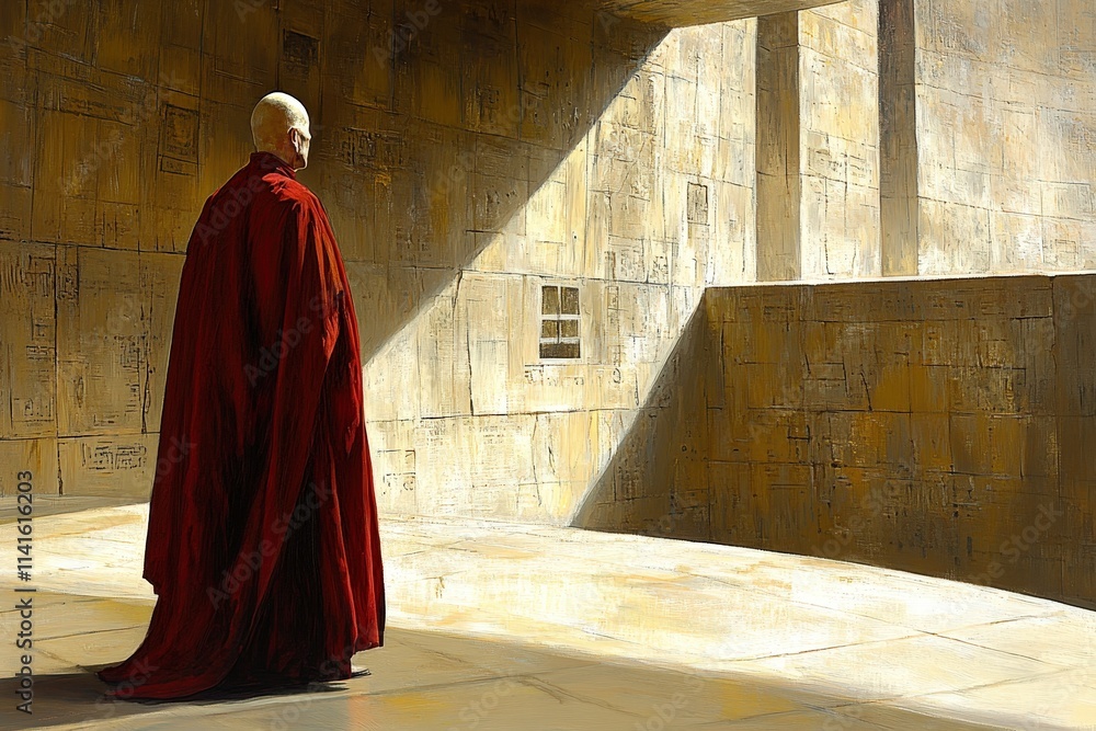 Naklejka premium A contemplative bald male figure in a flowing red robe stands in a sunlit, abstract room, reflecting a sense of peace and solitude.