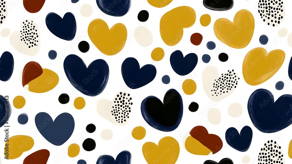 Abstract Heart Pattern with Navy Blue, Mustard Yellow, and Brown Elements on White Background for Modern Seamless Design, Minimalist Art, and Playful Romantic Concept Abstract Heart Pattern with Navy Blue, Mustard Yellow, and Brown Elements on White Background for Modern Seamless Design, Minimalist Art, and Playful Romantic Concept