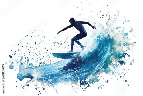 A vibrant silhouette of a surfer riding a dynamic wave, showcasing movement and energy in water sports. photo