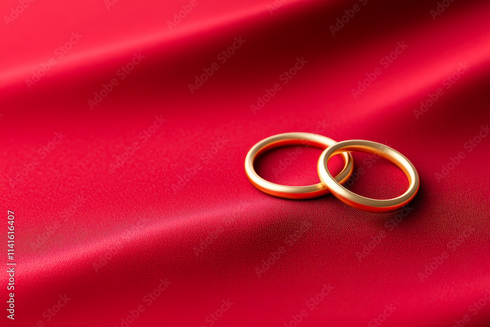 Two elegant gold wedding rings resting on luxurious red fabric, symbolizing love and commitment. Two elegant gold wedding rings resting on luxurious red fabric, symbolizing love and commitment.