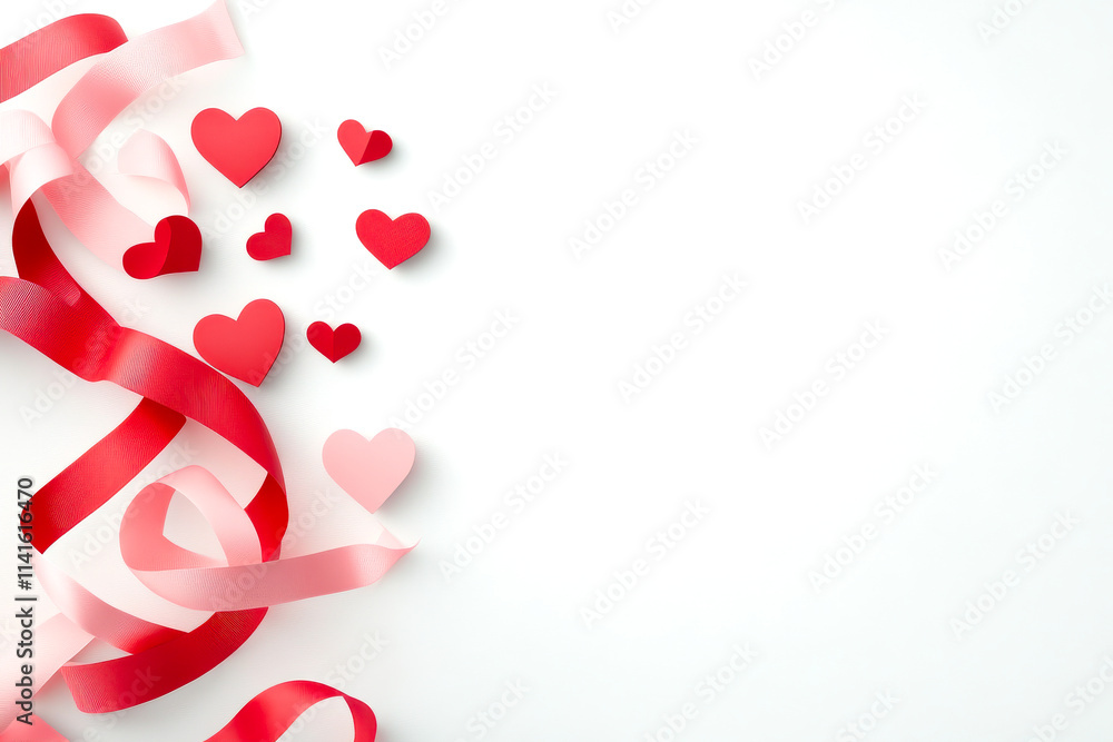 A collection of red and pink hearts alongside ribbons, creating a festive and romantic atmosphere on a light background. A collection of red and pink hearts alongside ribbons, creating a festive and romantic atmosphere on a light background.