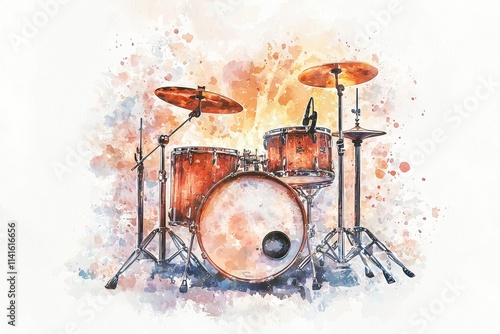 A vibrant watercolor illustration of a drum set, showcasing rich colors and dynamic splashes that evoke movement and creativity. photo