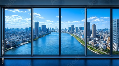 A panoramic view of a vibrant city skyline with a river, framed by large windows, showcasing modern architecture and clear blue skies. #1141617010