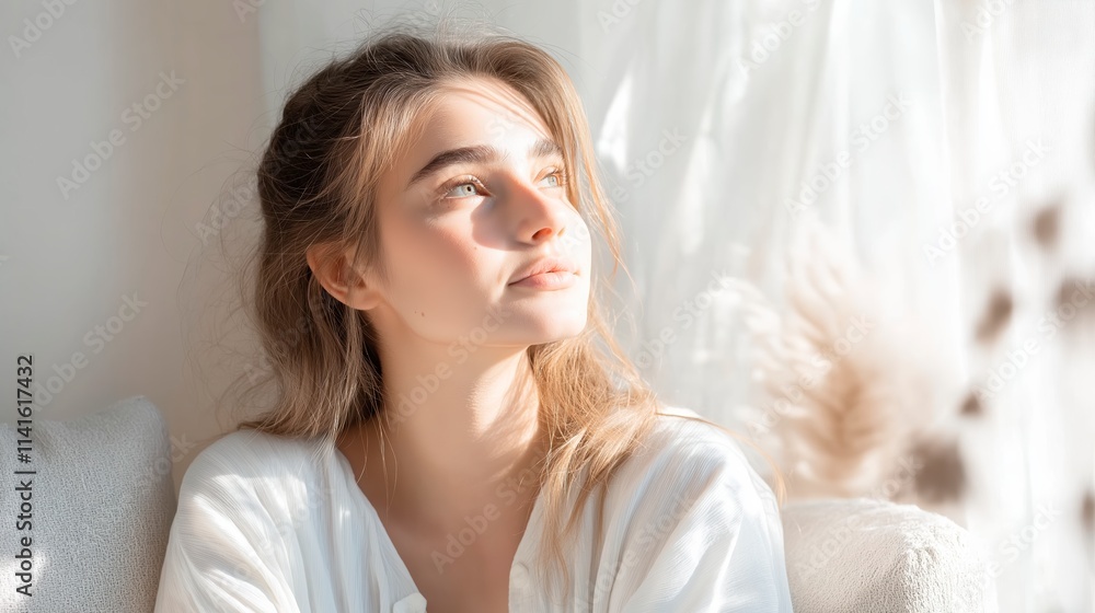 A serene portrait of a light-skinned woman looking out of a window A serene portrait of a light-skinned woman looking out of a window