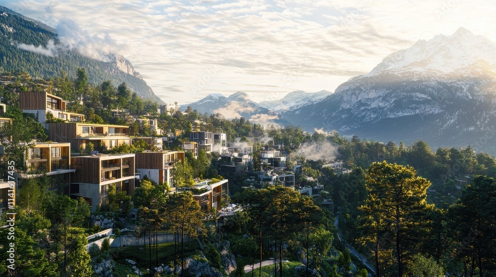 Fototapeta premium Stunning mountain landscape with modern architecture surrounded by lush greenery and serene clouds, perfect for nature lovers.