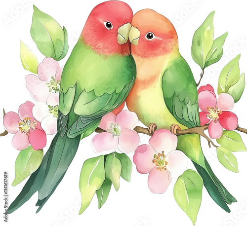 Two colorful parrots perched on a branch with pink flowers against a black background. photo