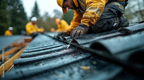 Construction worker installing roofing shingles. Close-up view of a roofer meticulously placing roofing material on a residential home. 