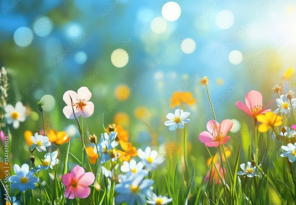 A Vibrant Meadow Filled with Colorful Wildflowers under a Bright Blue Sky and Soft Bokeh Effect, Ideal for Spring and Summer Themes in Nature Photography A Vibrant Meadow Filled with Colorful Wildflowers under a Bright Blue Sky and Soft Bokeh Effect, Ideal for Spring and Summer Themes in Nature Photography