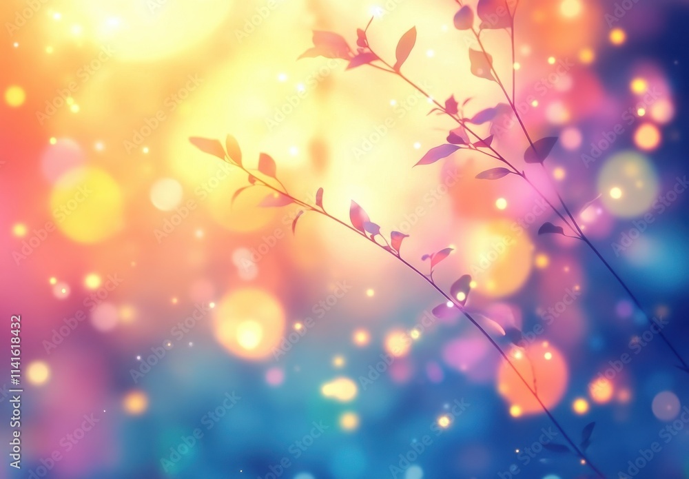Obraz premium Abstract nature background with soft bokeh lights, delicate leaves silhouettes, and vibrant dreamy colors creating a serene and enchanting atmosphere for various creative projects.