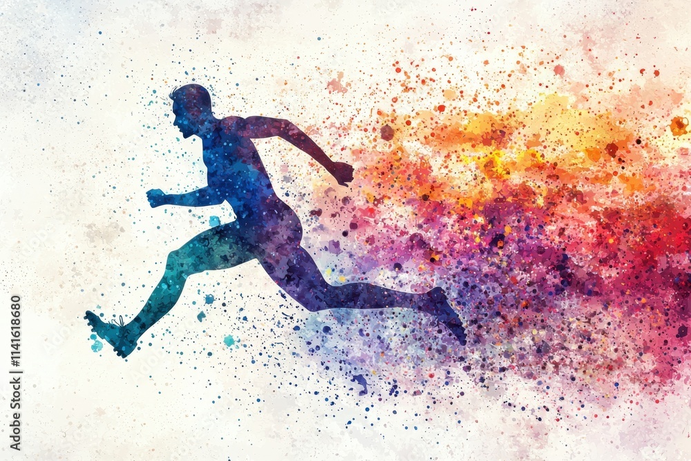 Dynamic silhouette of a runner amidst colorful splashes, symbolizing movement, energy, and speed in a vibrant, artistic style. Dynamic silhouette of a runner amidst colorful splashes, symbolizing movement, energy, and speed in a vibrant, artistic style.