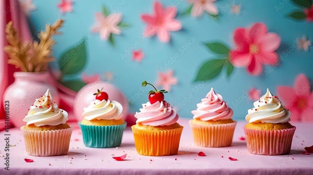 Delightful Cupcakes with Whipped Cream Frosting and Berries on a Pink Table Delightful Cupcakes with Whipped Cream Frosting and Berries on a Pink Table