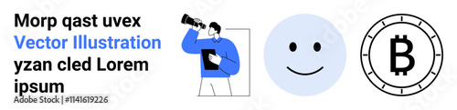 Man holding telescope, happy face, Bitcoin symbol, placeholder text block. Ideal for financial technology, cryptocurrency, investment, exploration, positive mood, placeholders, digital currency