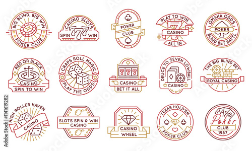 Casino and poker logos, labels, icons. A set of 15 casino logotypes like playing cards, casino wheel, crops. Perfect for branding casinos, gaming business, and poker events. Vector illustration. 