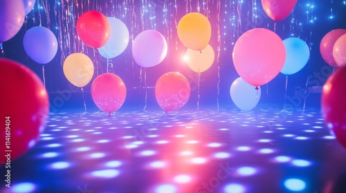 Vibrant dance floor with colorful lights at a child's birthday party surrounded by festive balloon decorations, creating a joyful celebration atmosphere for kids and families photo