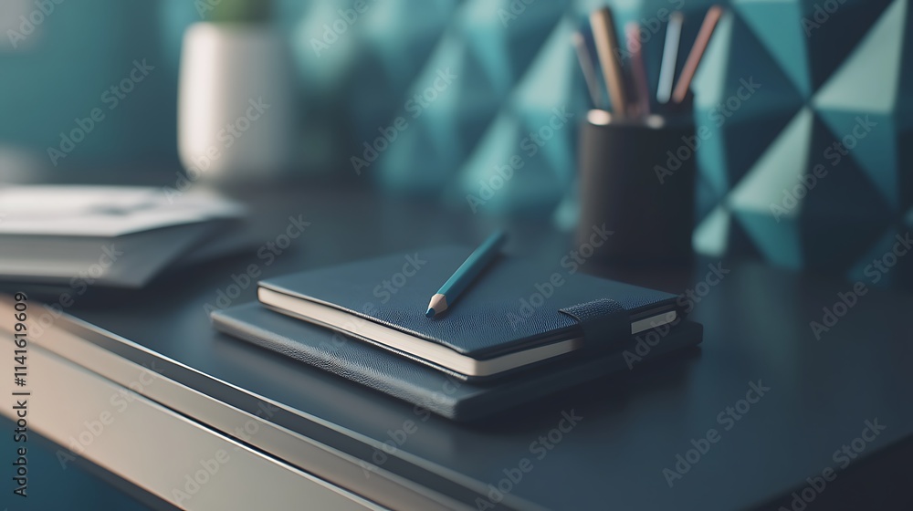 A notebook and a pencil case resting on a modern desk with a geometric design A notebook and a pencil case resting on a modern desk with a geometric design