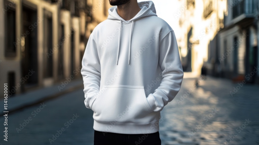 a man in a white hoodie standing on a street a man in a white hoodie standing on a street