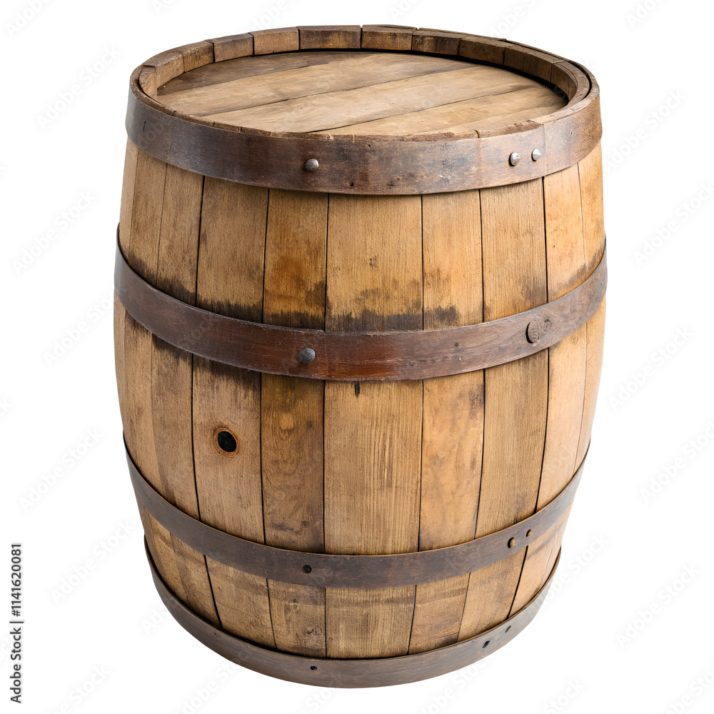 Fototapeta premium Wooden barrel, cut out, on isolated white background