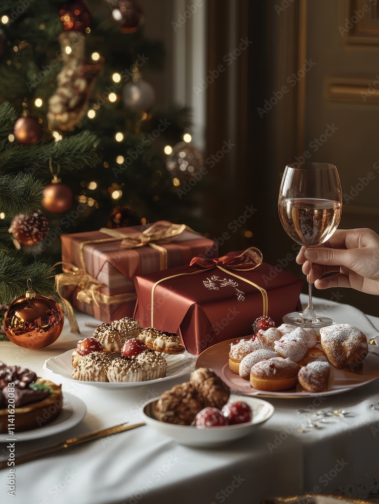 winter holidays and celebration concept - hands with christmas gift, treats and decorations on table at home winter holidays and celebration concept - hands with christmas gift, treats and decorations on table at home