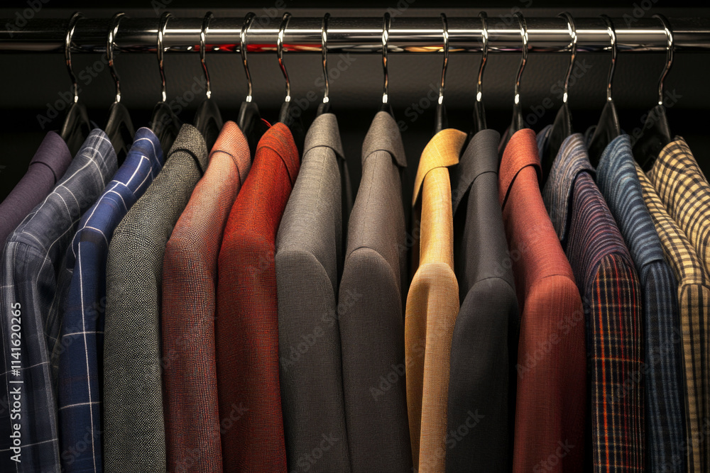 Man blazers hanging on wooden hangers in wardrobe. Male formal suits on clothing rack in closet