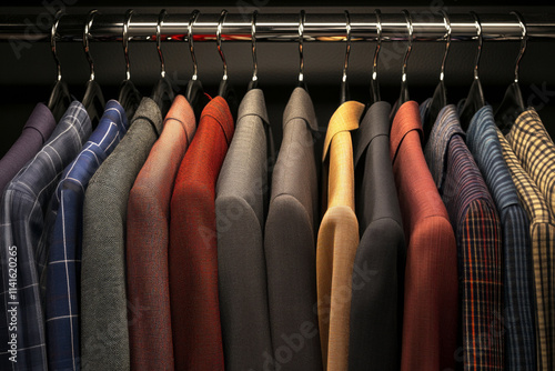 Obraz na płótnie Man blazers hanging on wooden hangers in wardrobe. Male formal suits on clothing rack in closet w salonie