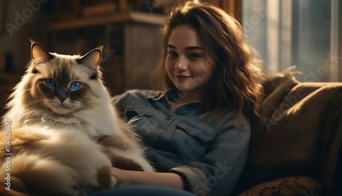 a girl and her ragdoll cat indoor