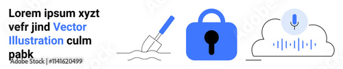 Lock representing security, cloud with microphone for voice data, and shovel symbolizing digging. Ideal for technology, data security, cloud services, voice recognition, digging into data, online