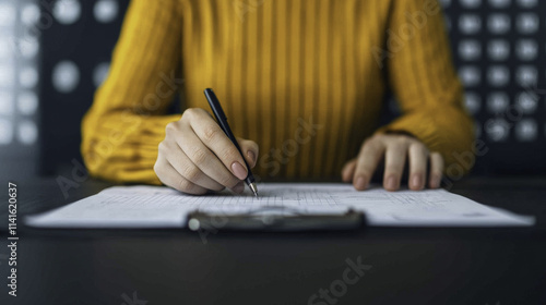 person reviewing tax return documents while preparing for financial planning. focus is on hands holding pen and writing on papers, conveying sense of diligence and organization