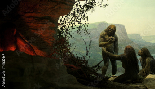 Φωτογραφία Primal tribe of ancient wild people animal skin and stone axes eating frying meat on bonfire staying in cave