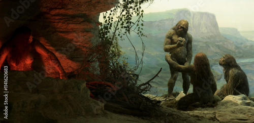 Tableau sur toile Tribe of Prehistoric, Primitive Hunter-Gatherers Wearing Animal Skins Use Smartphone in a Cave at Night