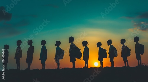 Silhouette back refugee kid group.Responsible.Kid child boy and girl worship.World kids day, Pray and worship, Hope, freedom, Diverse, Faith.World refugee day.Juneteenth kid.Friends.Potential unlock.