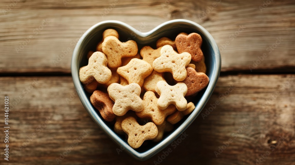 a heart shaped bowl filled with dog biscuits a heart shaped bowl filled with dog biscuits