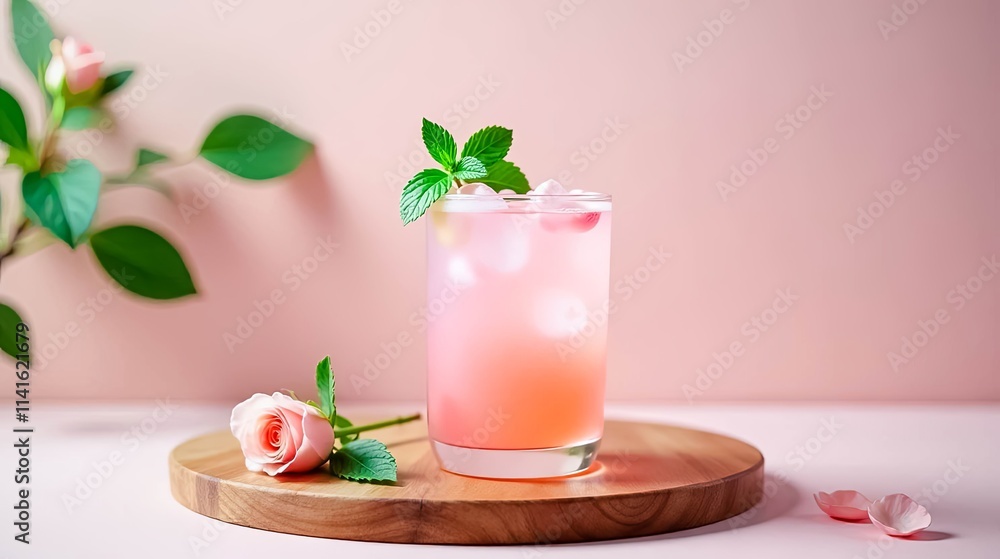 Refreshing Pink Beverage with Ice and Mint Garnish, Adorned with Delicate Roses on Wooden Tray Refreshing Pink Beverage with Ice and Mint Garnish, Adorned with Delicate Roses on Wooden Tray