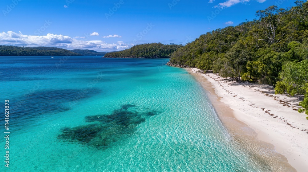 Obraz premium Crystal-clear turquoise water meeting the white sandy beach, framed by a vibrant horizon