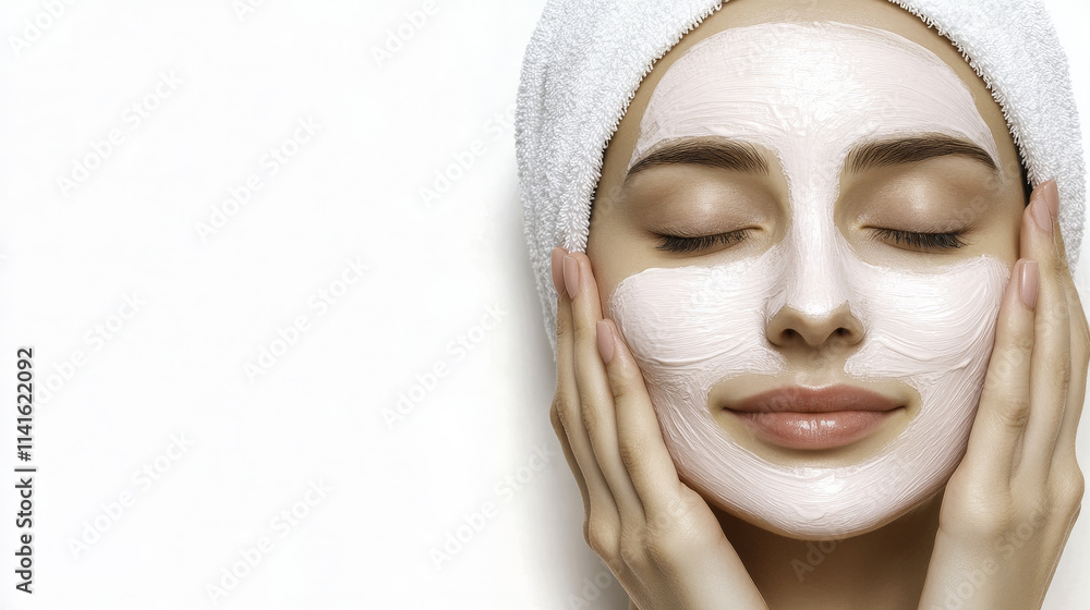 serene woman with smooth skin applying facial mask, enjoying self care. soft lighting enhances her peaceful expression, highlighting importance of skincare serene woman with smooth skin applying facial mask, enjoying self care. soft lighting enhances her peaceful expression, highlighting importance of skincare