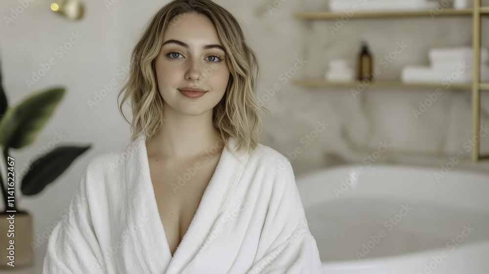 young woman in white robe poses confidently in modern bathroom, exuding serene and relaxed vibe. elegant decor enhances beauty of scene young woman in white robe poses confidently in modern bathroom, exuding serene and relaxed vibe. elegant decor enhances beauty of scene