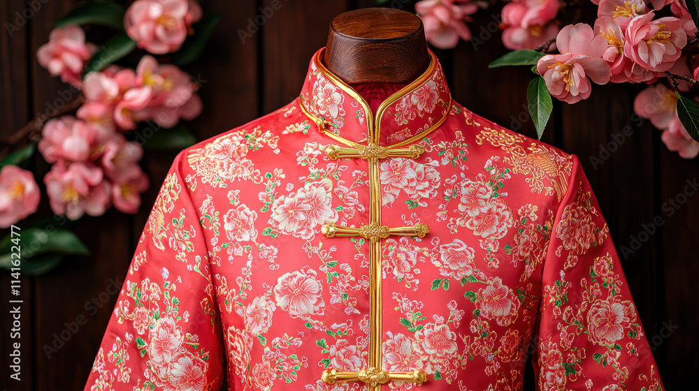 Naklejka premium Traditional Chinese clothing in radiant red and gold with floral patterns