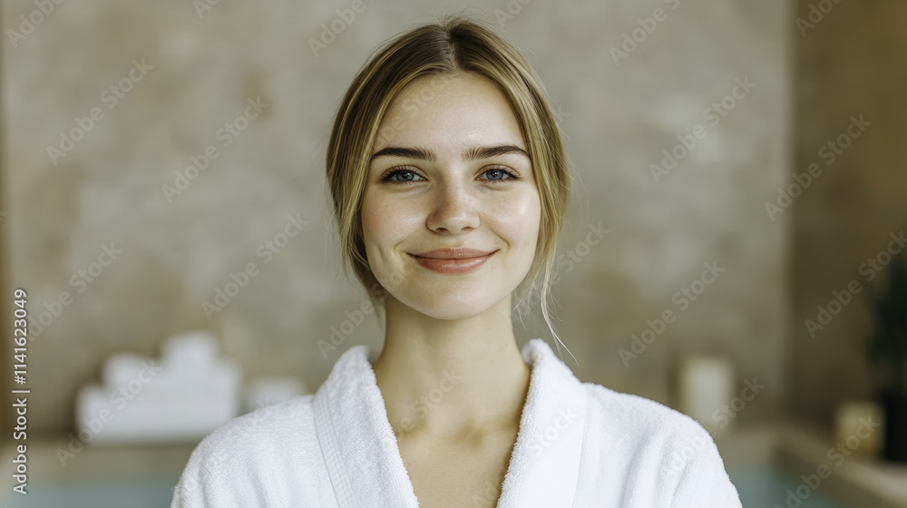 Fototapeta premium young woman in spa robe smiles warmly, radiating beauty and relaxation in serene spa environment. Her glowing skin and calm demeanor enhance tranquil atmosphere