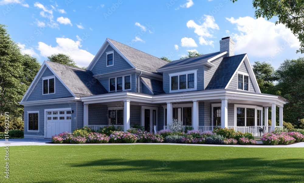 Charming Blue and White Family Home Surrounded by Lush Greenery and Colorful Landscaping on a Bright Sunny Day Charming Blue and White Family Home Surrounded by Lush Greenery and Colorful Landscaping on a Bright Sunny Day