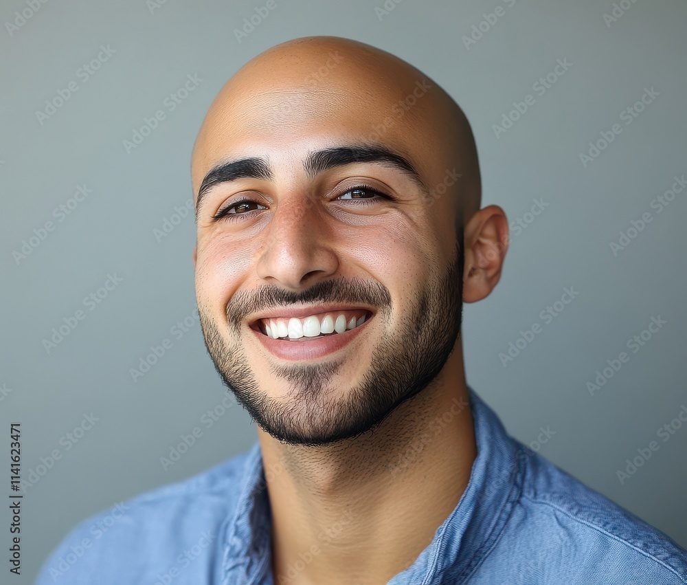 Obraz premium Cheerful bald man with a bright smile, wearing a casual blue shirt, exuding confidence and warmth against a soft grey background, perfect for lifestyle photography.