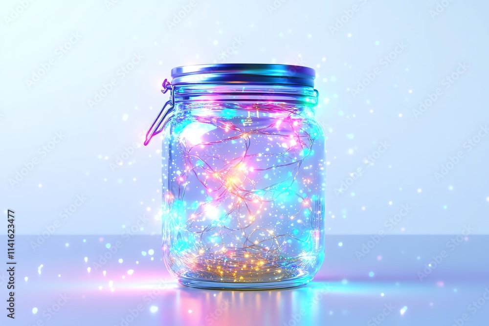 A glowing jar filled with colorful, shimmering lights against a soft background, creating a magical and dreamy atmosphere.
