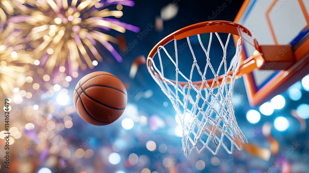 Sport victory championship concept. A basketball is about to enter a hoop amid a festive atmosphere with colorful lights and fireworks in the background. Sport victory championship concept. A basketball is about to enter a hoop amid a festive atmosphere with colorful lights and fireworks in the background.