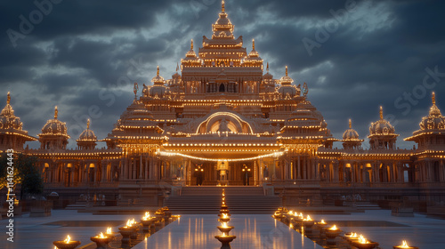 Ram Mandir in Ayodhya. Decorated with lamps and lights for Diwali celebration.