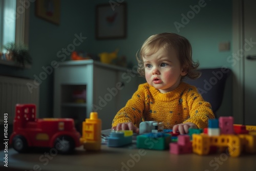 A young child engages in creative play with colorful building blocks and toys. Imagination thrives in every moment. Joy and learning are intertwined. Generative AI.