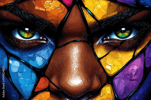 Close-up of a woman's face adorned with vibrant, mosaic-like colors, showcasing her striking green and gold eyes, evoking a sense of mystery.