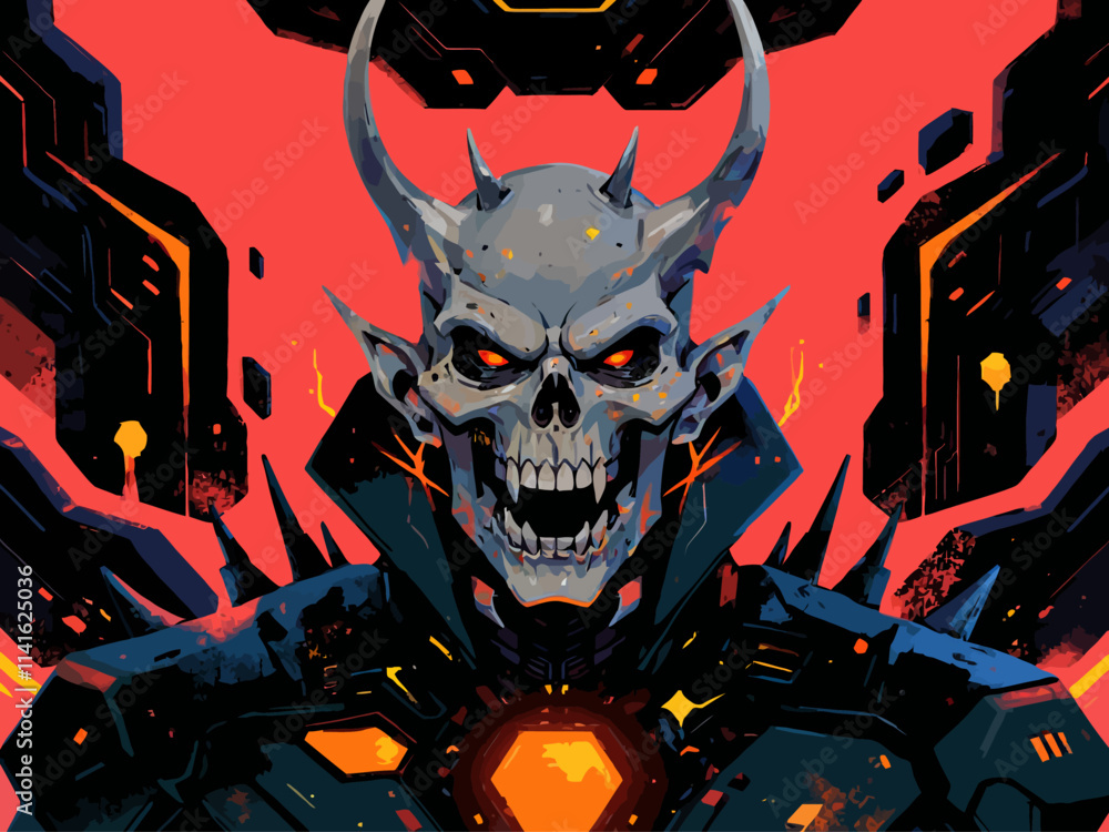 Highly detailed digital illustration of a menacing skull with exaggerated spiked features, surrounded by futuristic technical elements and geometric shapes in red Highly detailed digital illustration of a menacing skull with exaggerated spiked features, surrounded by futuristic technical elements and geometric shapes in red