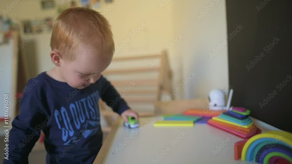 curious toddler in blue shirt plays with green toy car on table, surrounded by colorful toys in bright, cozy room. Captures essence of childhood exploration. Toddler playing with toy car on table curious toddler in blue shirt plays with green toy car on table, surrounded by colorful toys in bright, cozy room. Captures essence of childhood exploration. Toddler playing with toy car on table