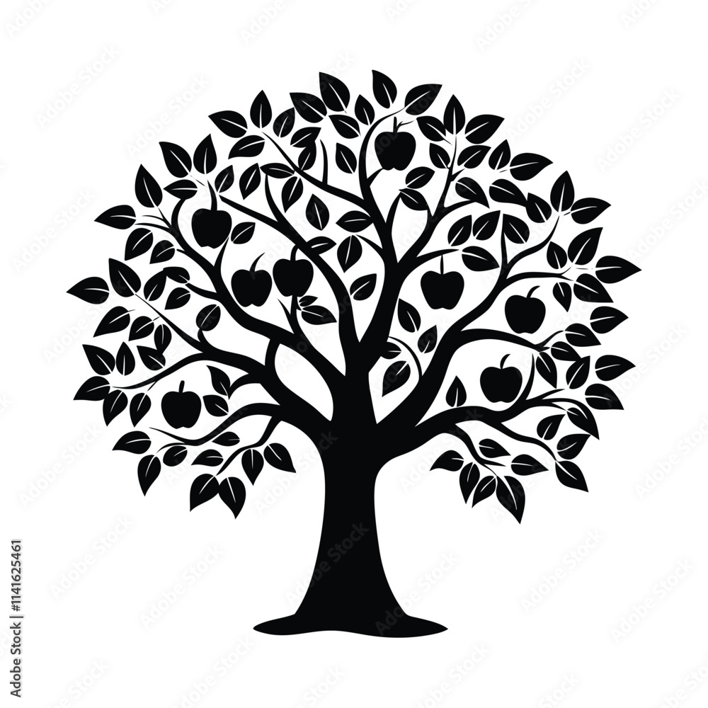 Obraz premium vector of apple tree design, labeled vector art, linocut silhouette illustration.